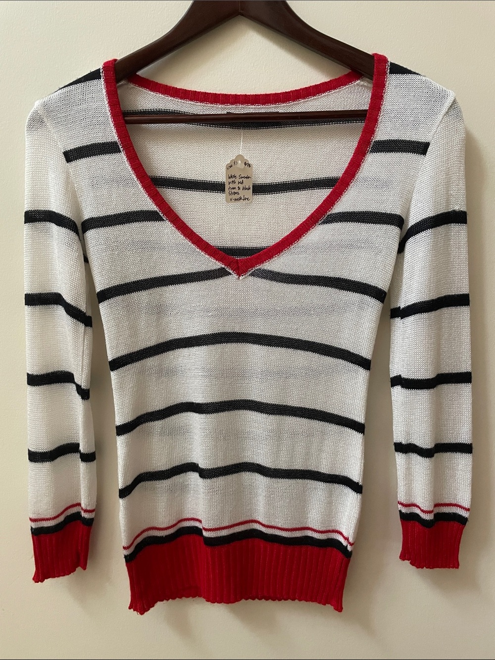 Gregory White and Black Striped V-Neck Sweater with Red Trim y2k